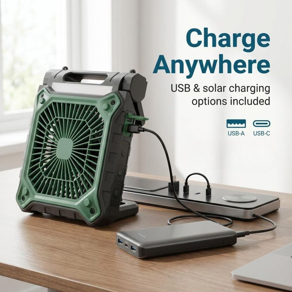Charge your devices anywhere with the Solar Fan's USB ports