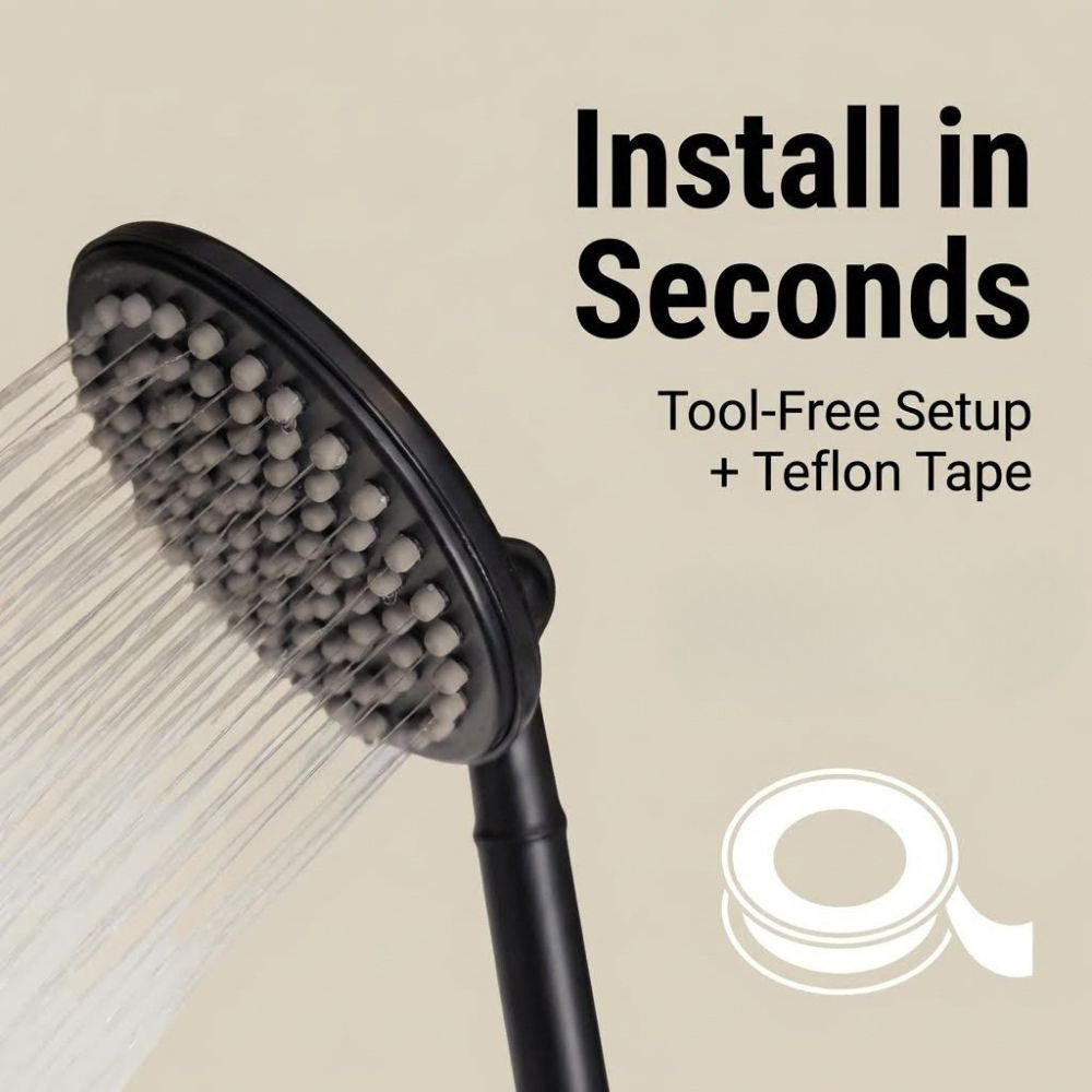 Image of Matte Black ShowerMe Shower Head with text "Install in seconds".