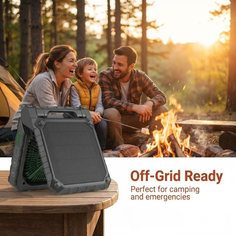 Family roasting a marshmallow while camping in the woods. Be off grid ready with the Redfern Solar Fan, perfect for camping and emergencies