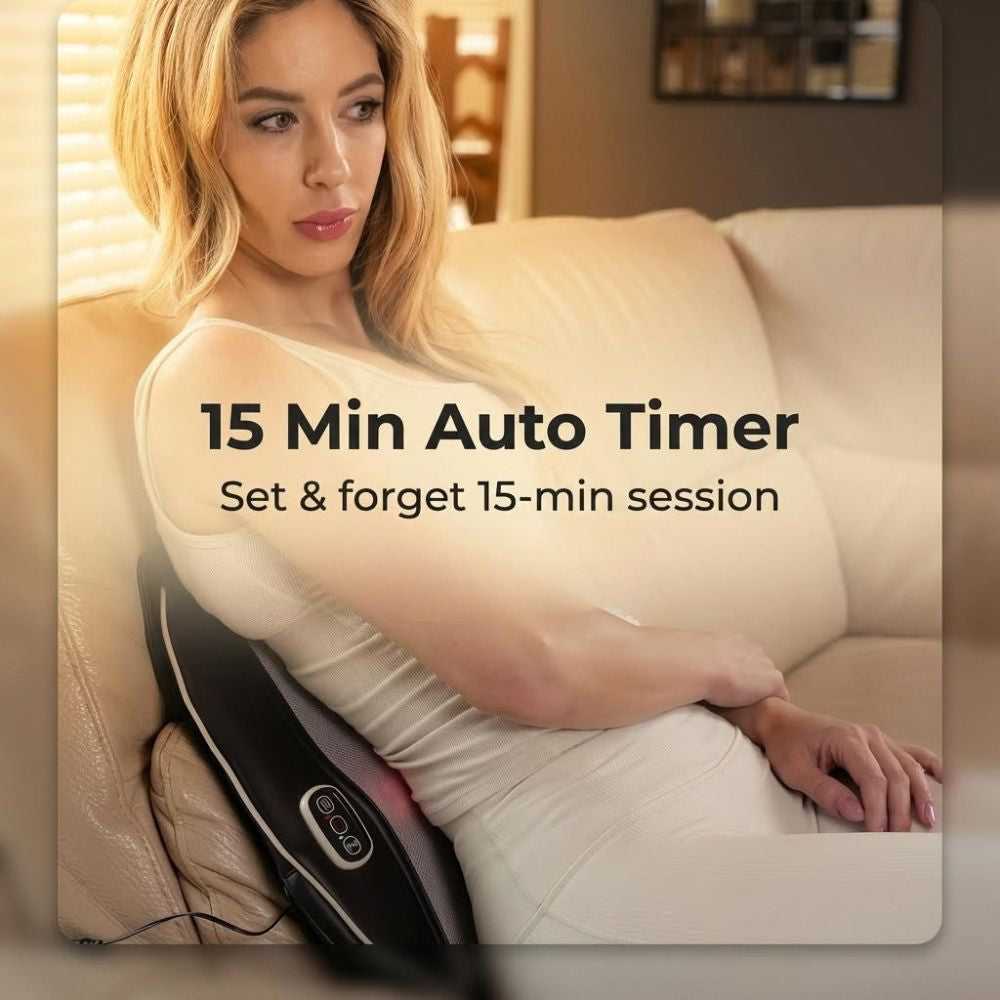 Woman using the BACKplus Shiatsu Back and Foot Massager with text "15 min auto timer"