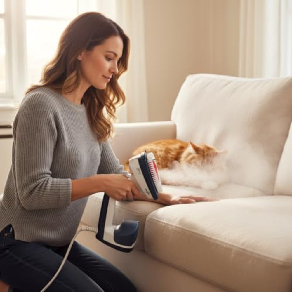 Woman using the Eurosteam Duet 2 in 1 Iron on the couch with the brush attachment