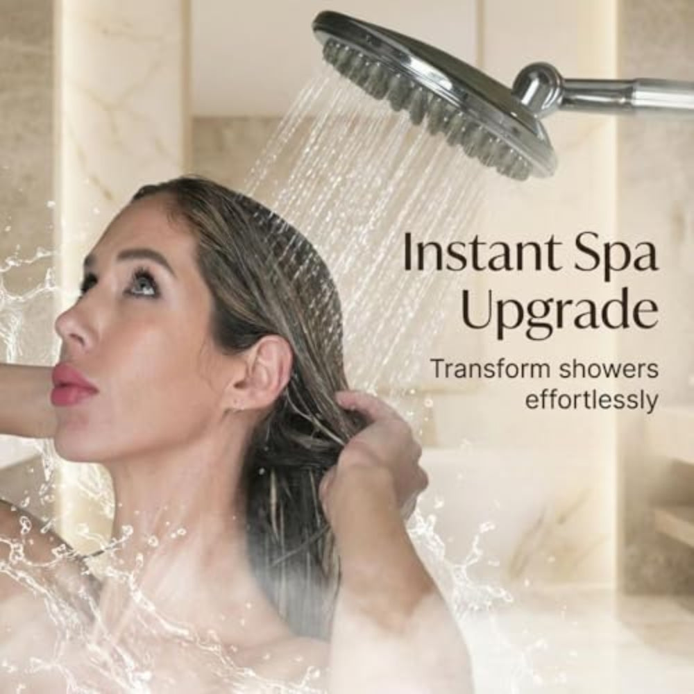 Image of woman using the ShowerMe Shower Head with text "Instant Spa Upgrade".