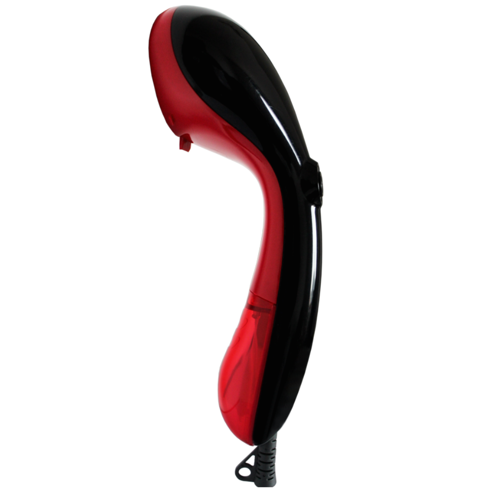 Side view of Eurosteam® Steam Ezee Garment Steamer in red and black on a white background