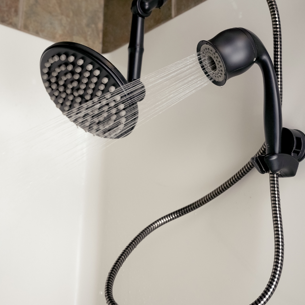 ShowerMe® Handheld Shower Head Black Matte on shower wall with full spray mode