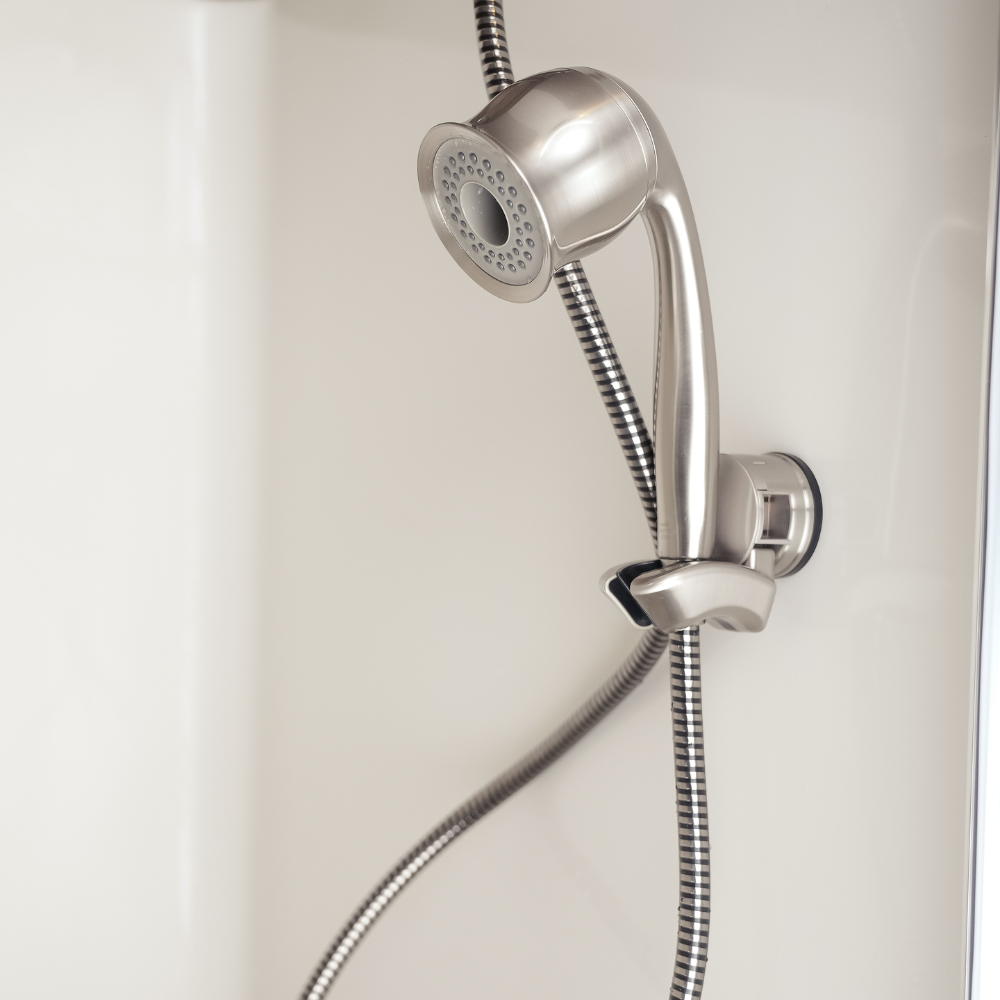 ShowerMe® Handheld Shower Head Brushed Nickel mounted on shower wall