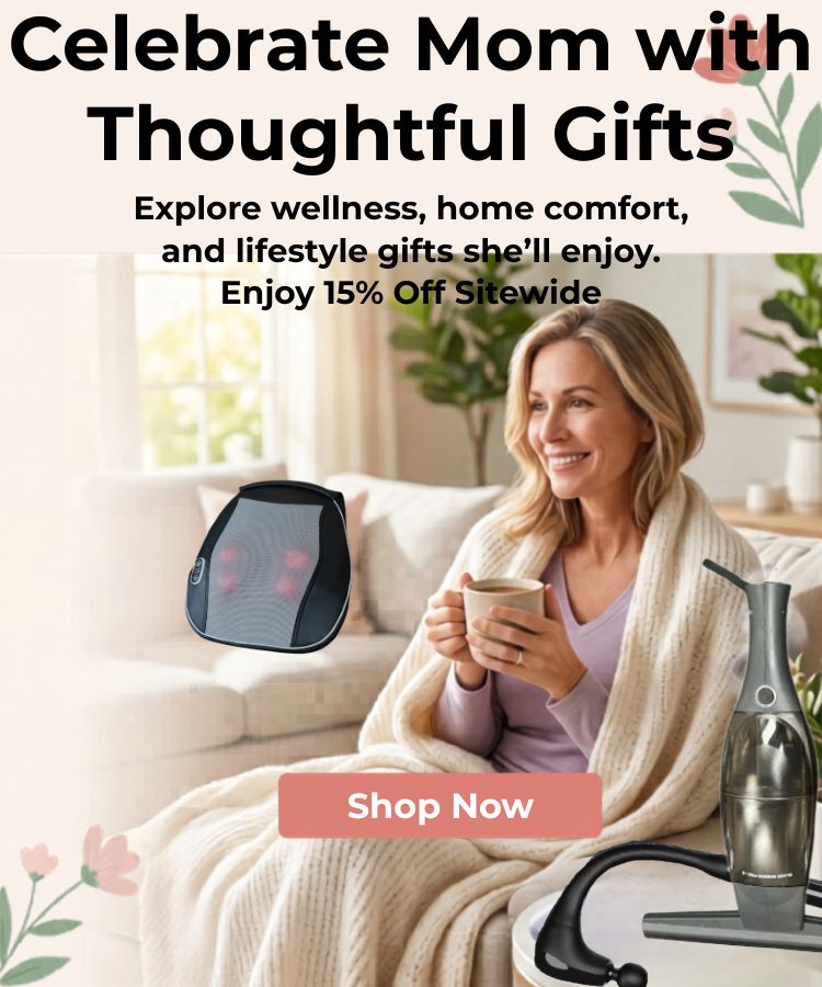Woman relaxing with multiple Redfern products "Celebrate mom with thoughtful gifts"