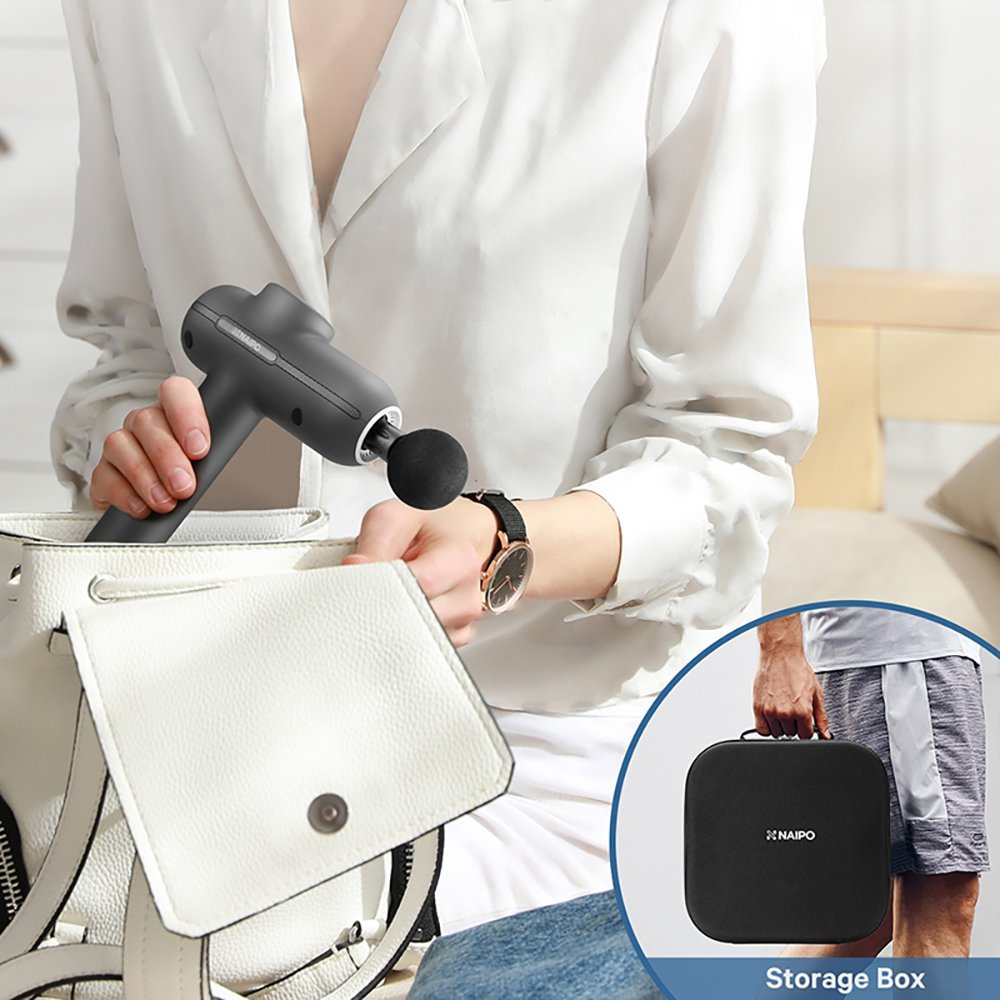 Woman putting a Naipo Massage Gun in purse showing portability