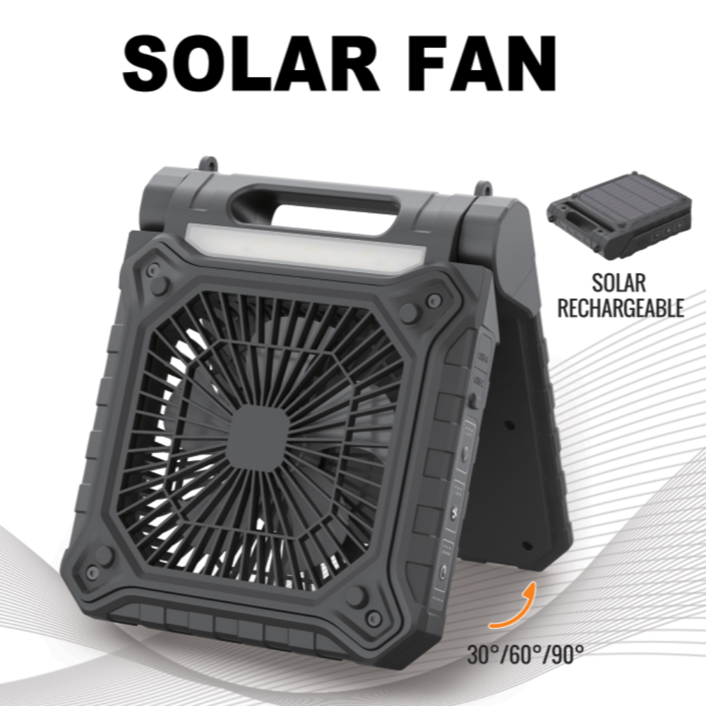 Solar Fan Portable Fan rechargeable fan, showing foldable design
