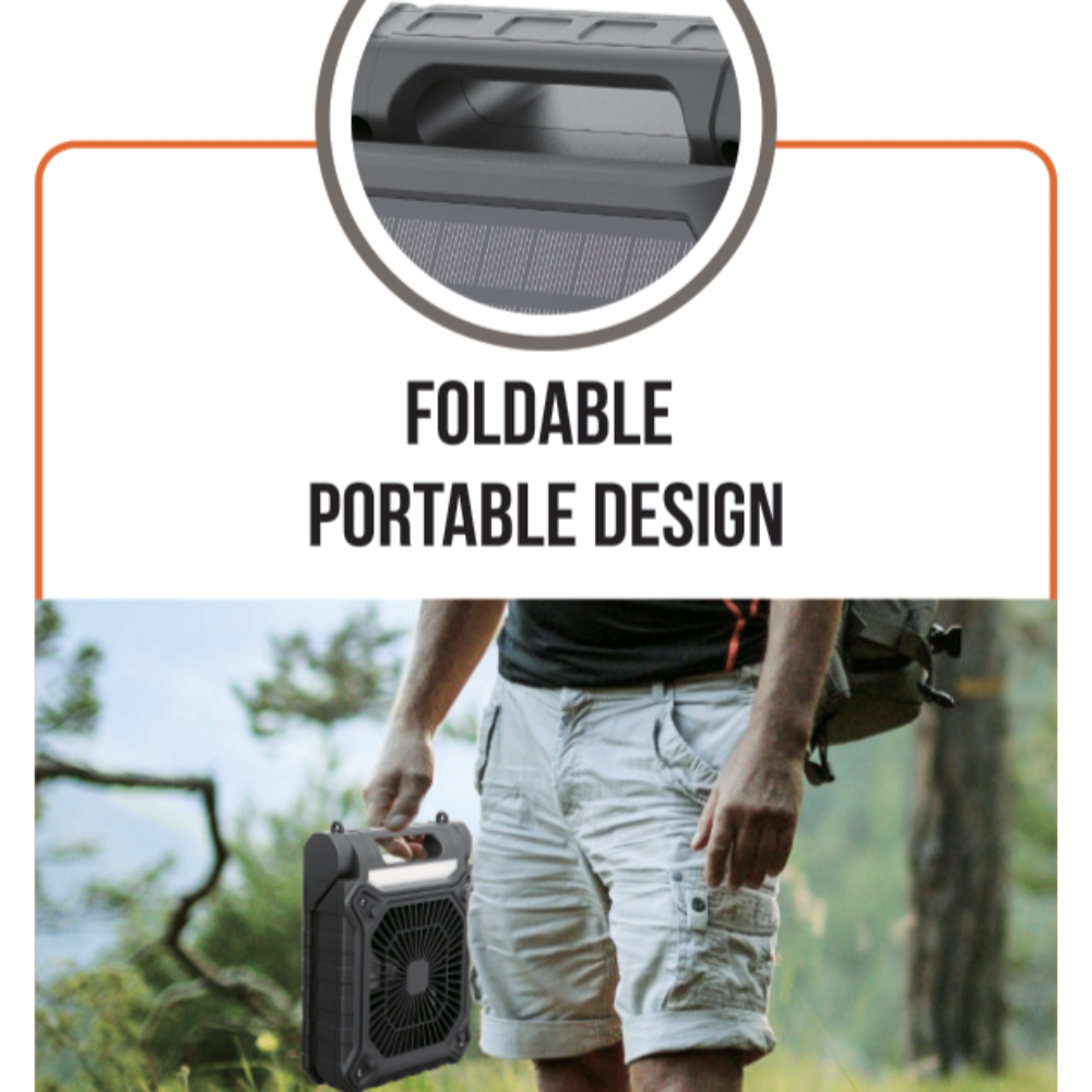 Man carrying solar fan showing foldable portable design.
