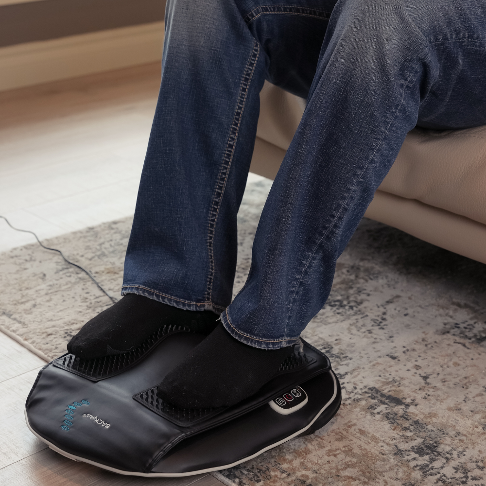 Sore feet relaxing with the BACKPlus® Shiatsu Back and Foot Massager Back & Foot Massager.