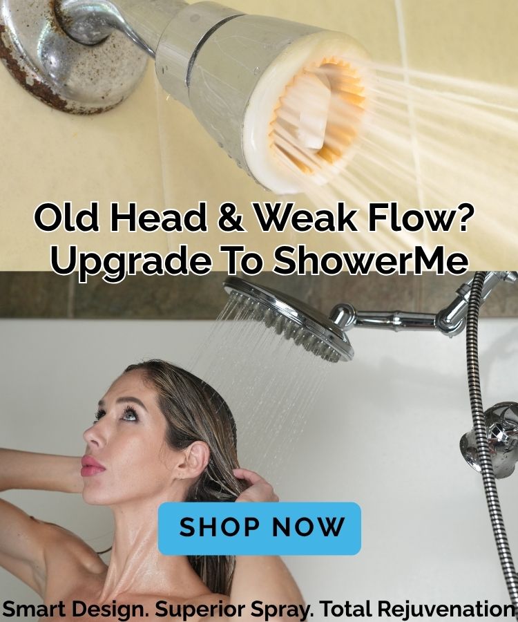 Mobile banner with old rusty shower head upgraded to new ShowerMe Shower Head