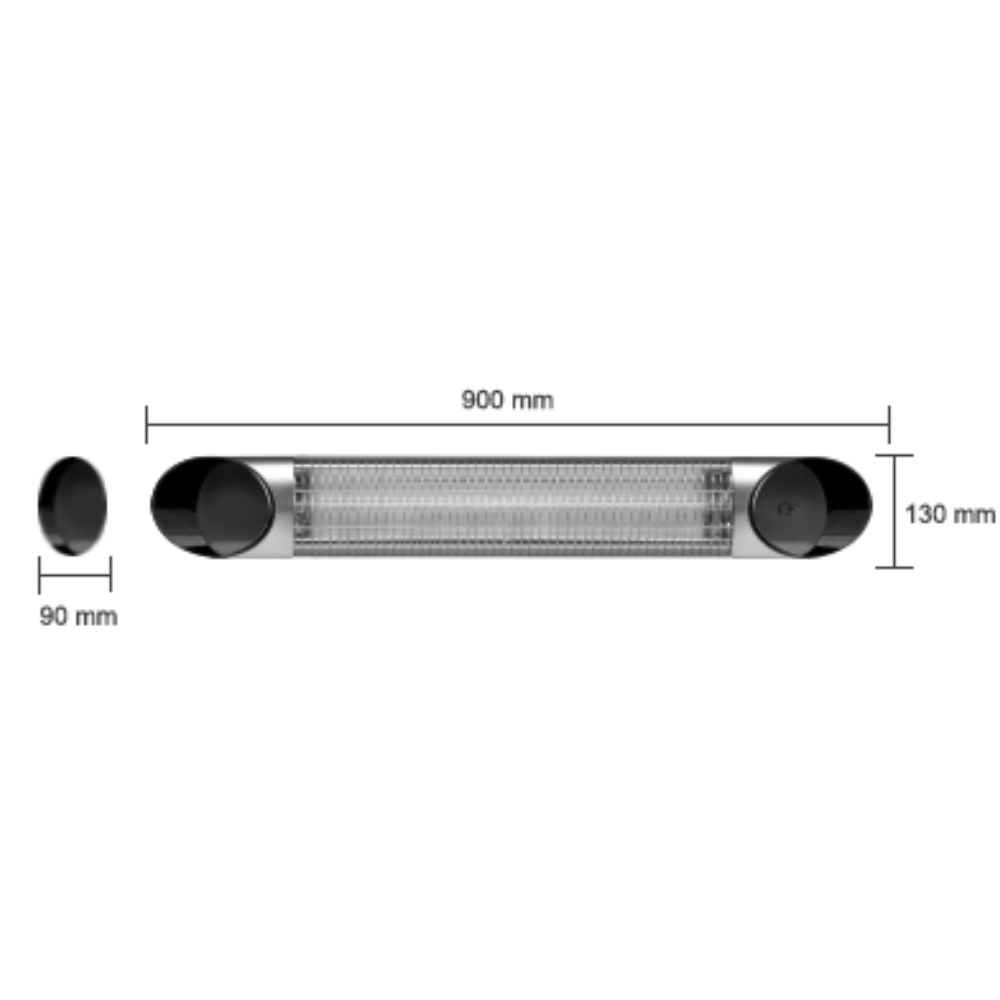 Infrared heater dimensions shown in mm.