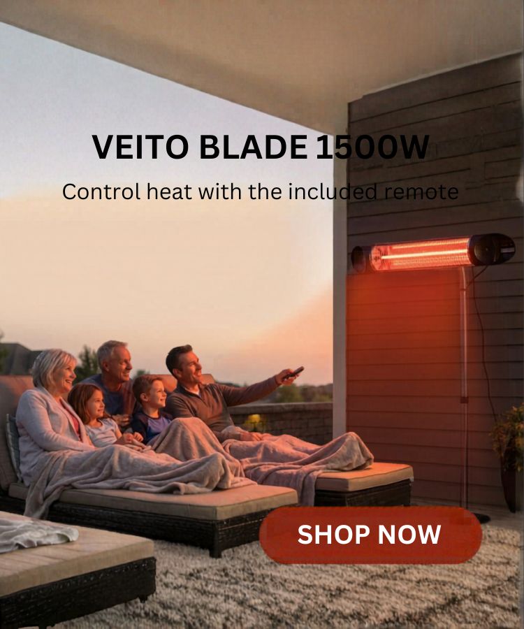 Family sitting on a covered patio with a Veito Heater