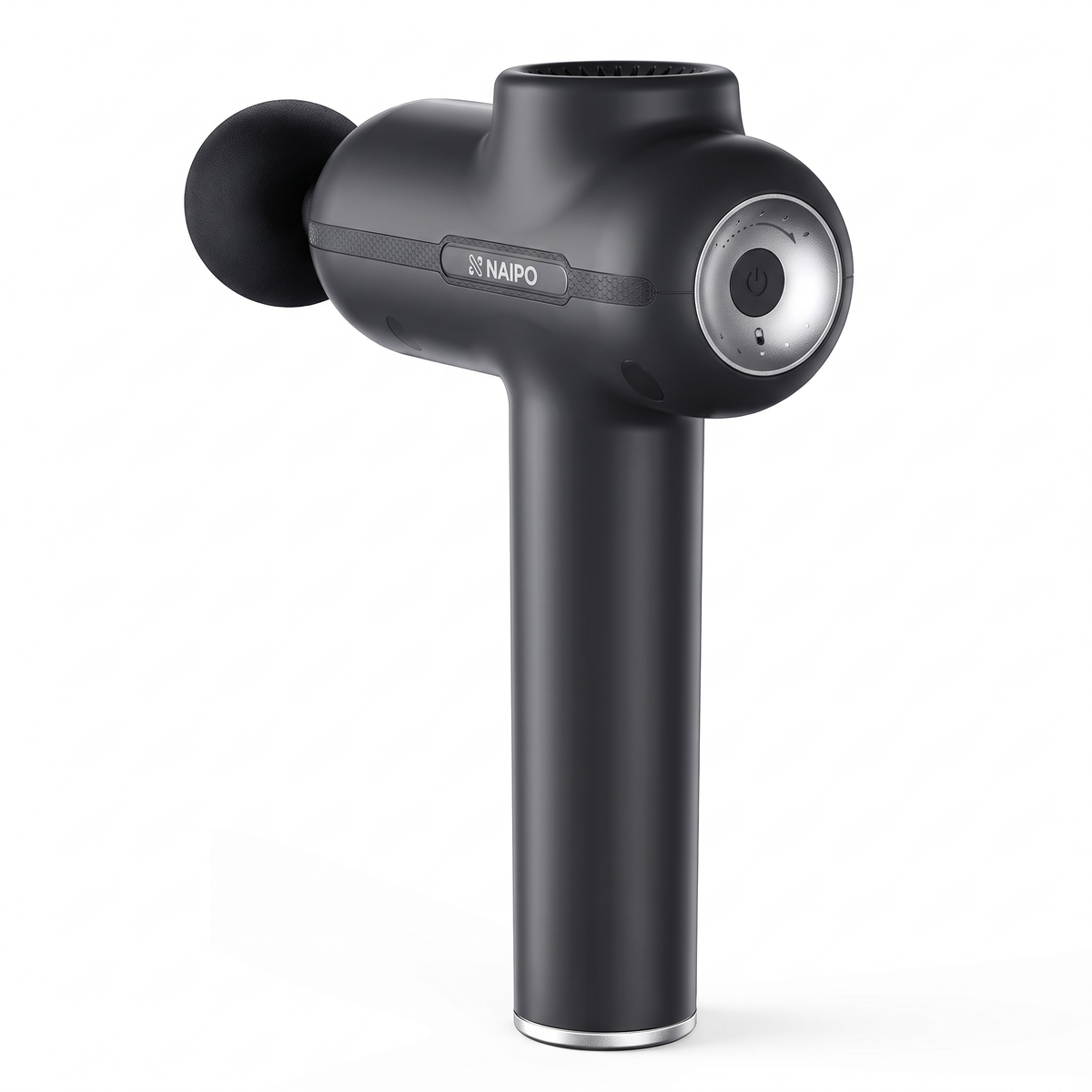 Naipo massage gun showing the silver speed dial on the back, on white