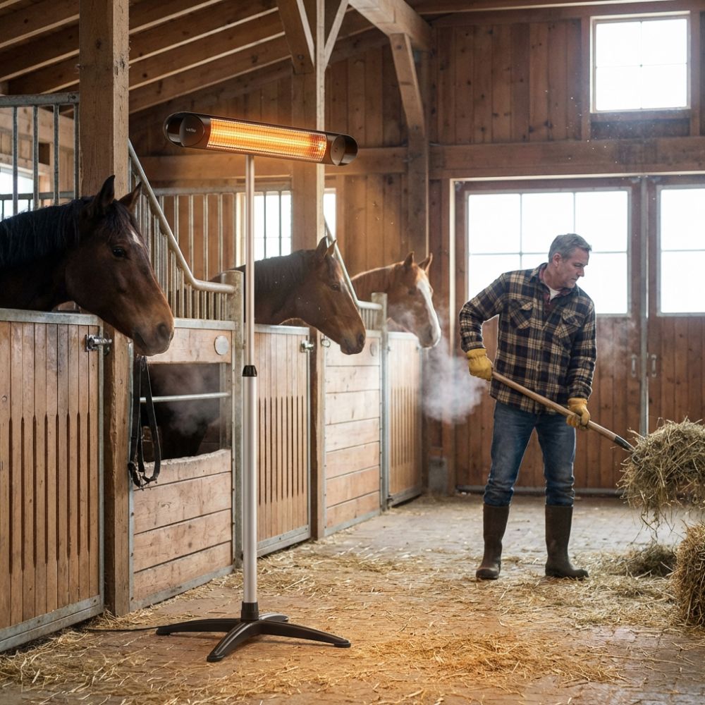 Veito Blade Heater standing in a stable next to horses