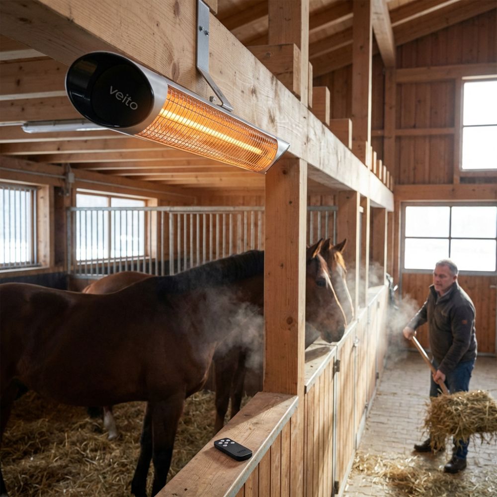 Silver Veito Heater mounted in a barn by horses