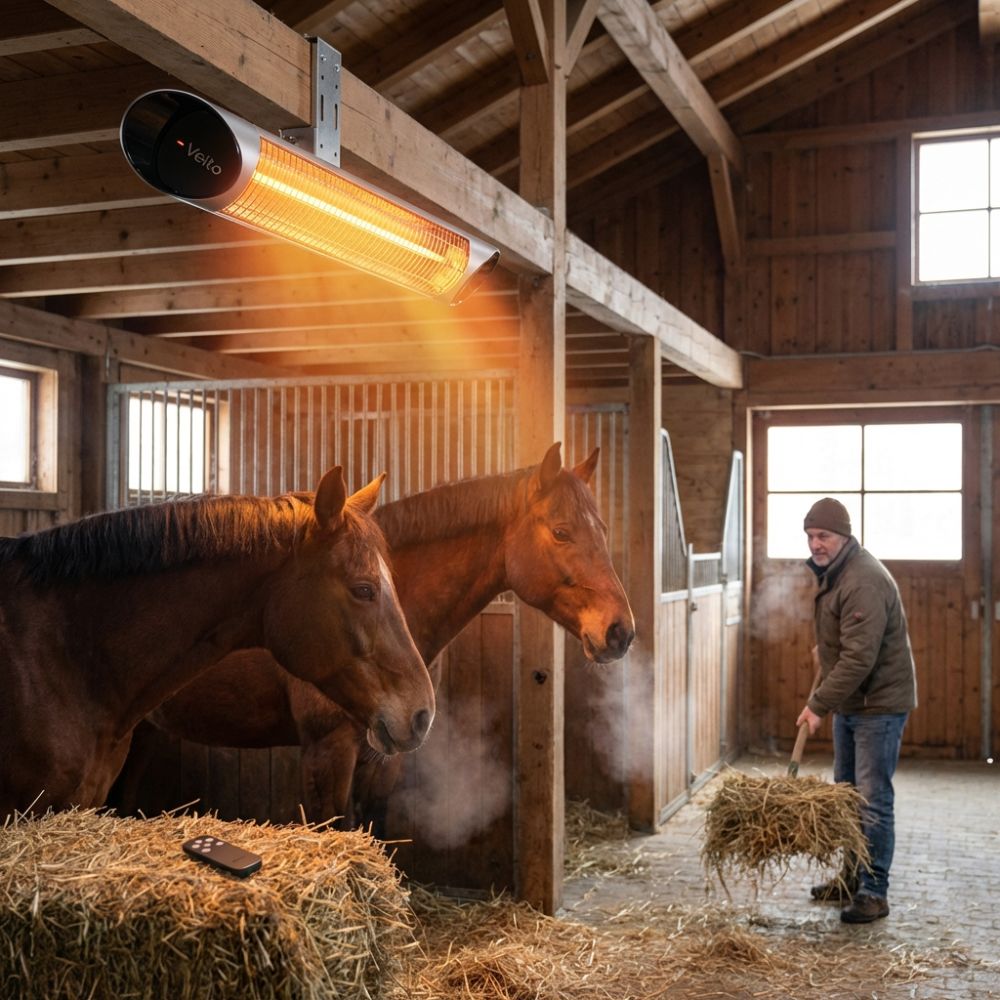 Veito Heater being used in stable, mounted on a beam above horses 