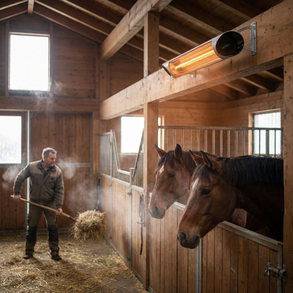 Silver Veito Blade Heater mounted in a stable above horses