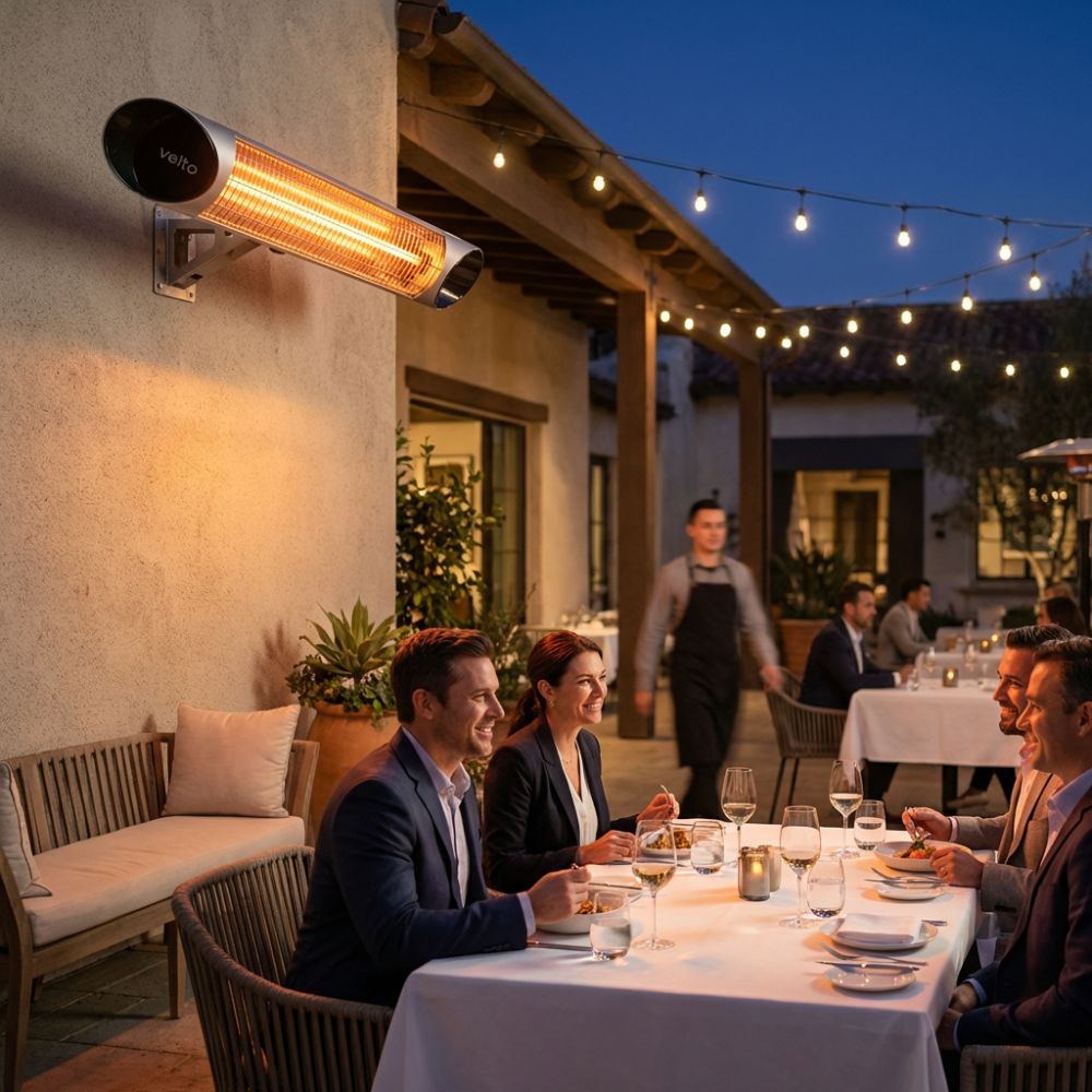 Silver Veito Blade mounted to the wall of a restaurant patio with people dining nearby