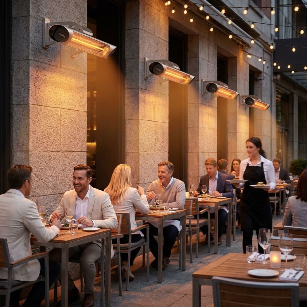 A row of Silver Veito Blade Heaters mounted on a wall of a restaurant patio