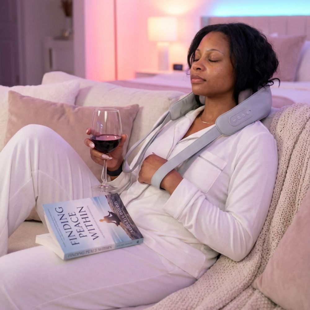 Woman relaxing and drinking red wine while using the BACKplus Cordless Platinum Massager