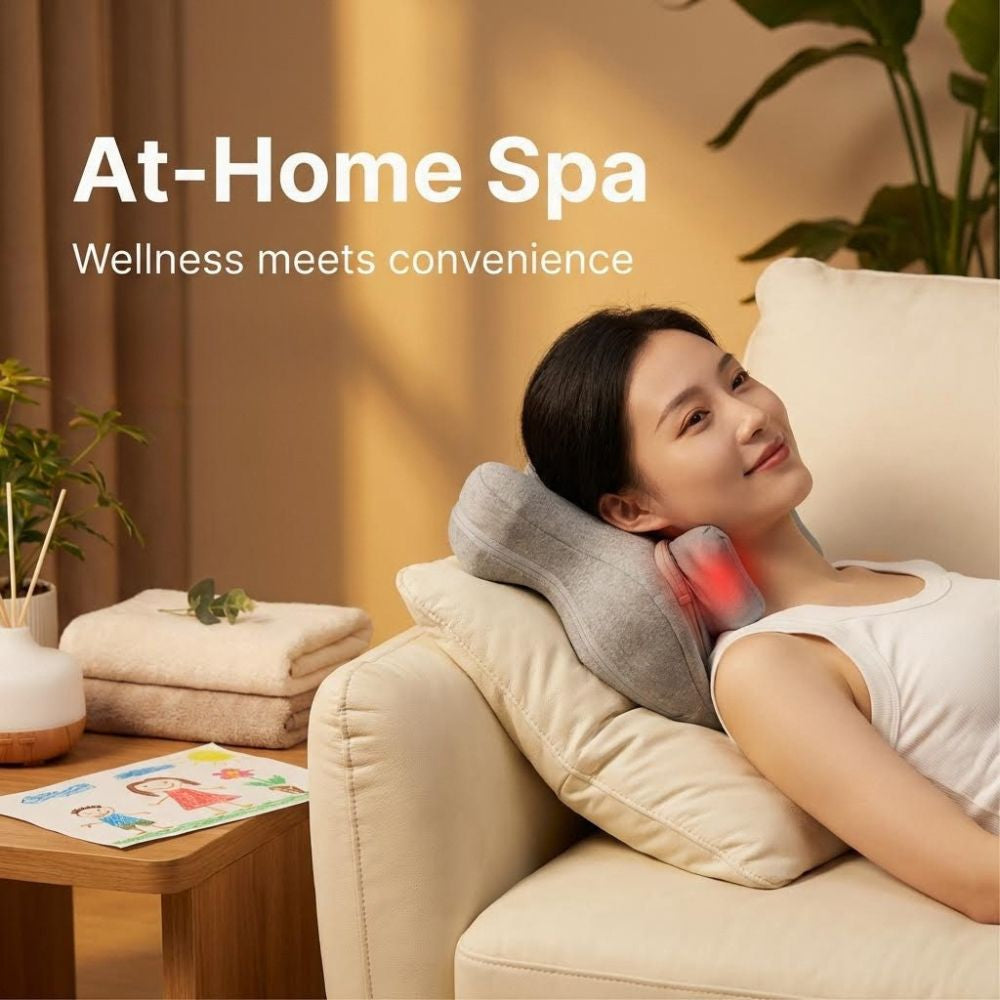 woman laying on a couch using the BACKplus Massage Pillow