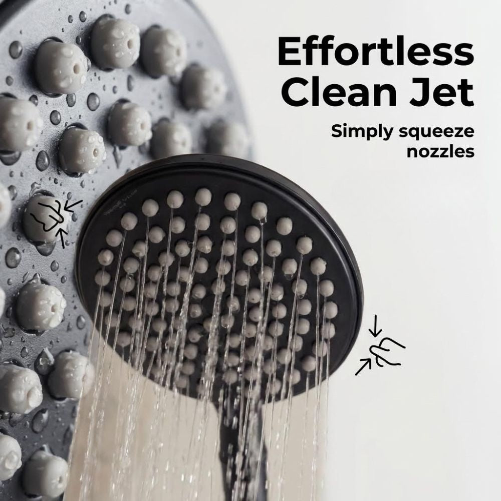 Image depicting how to clean the ShowerMe Shower Head. Simply squeeze nozzles.