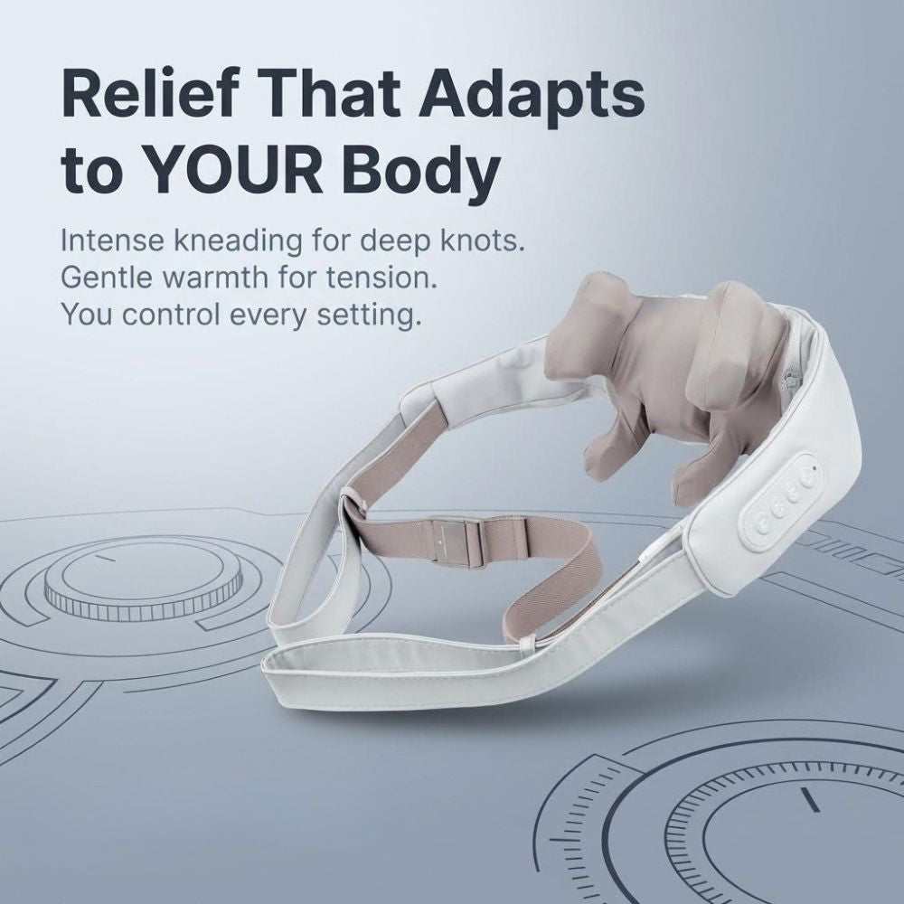 Image of the BACKplus Cordless Massager with text " Relief that adapts to your body"