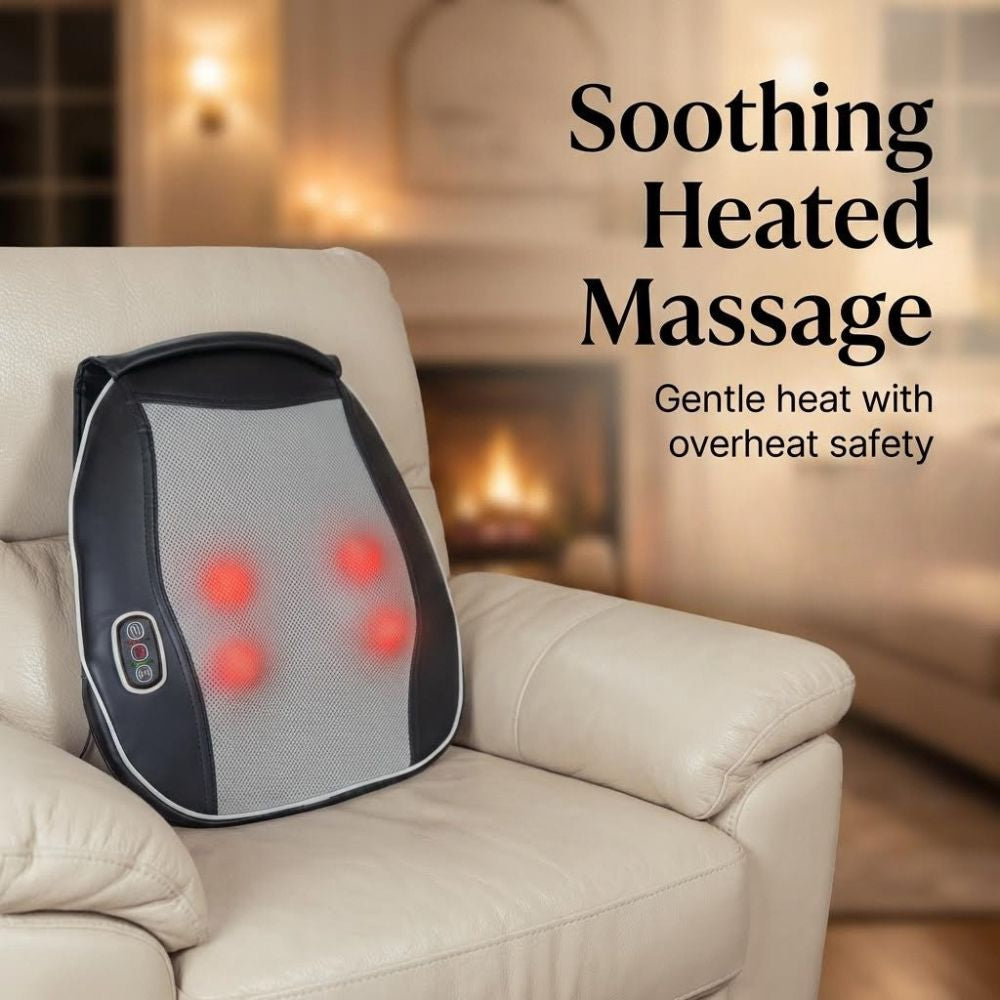 BACKplus Shiatsu Back And Foot Massager on chair with text 