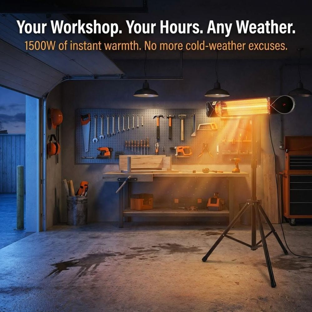 iQ Heat Wave Heater on stand in a garage with text "Your workshop, your hours, any weather".