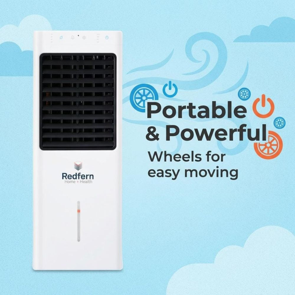 iQ Pure breeze Air Cooler on a blue background with text 'Portable & Powerful'