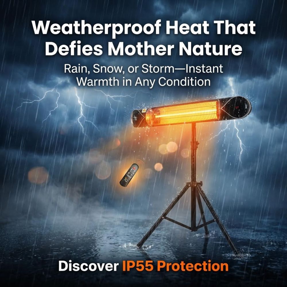 Image of iQ Heat Wave Heater in rain with text "Weatherproof heat that defies Mother Nature"