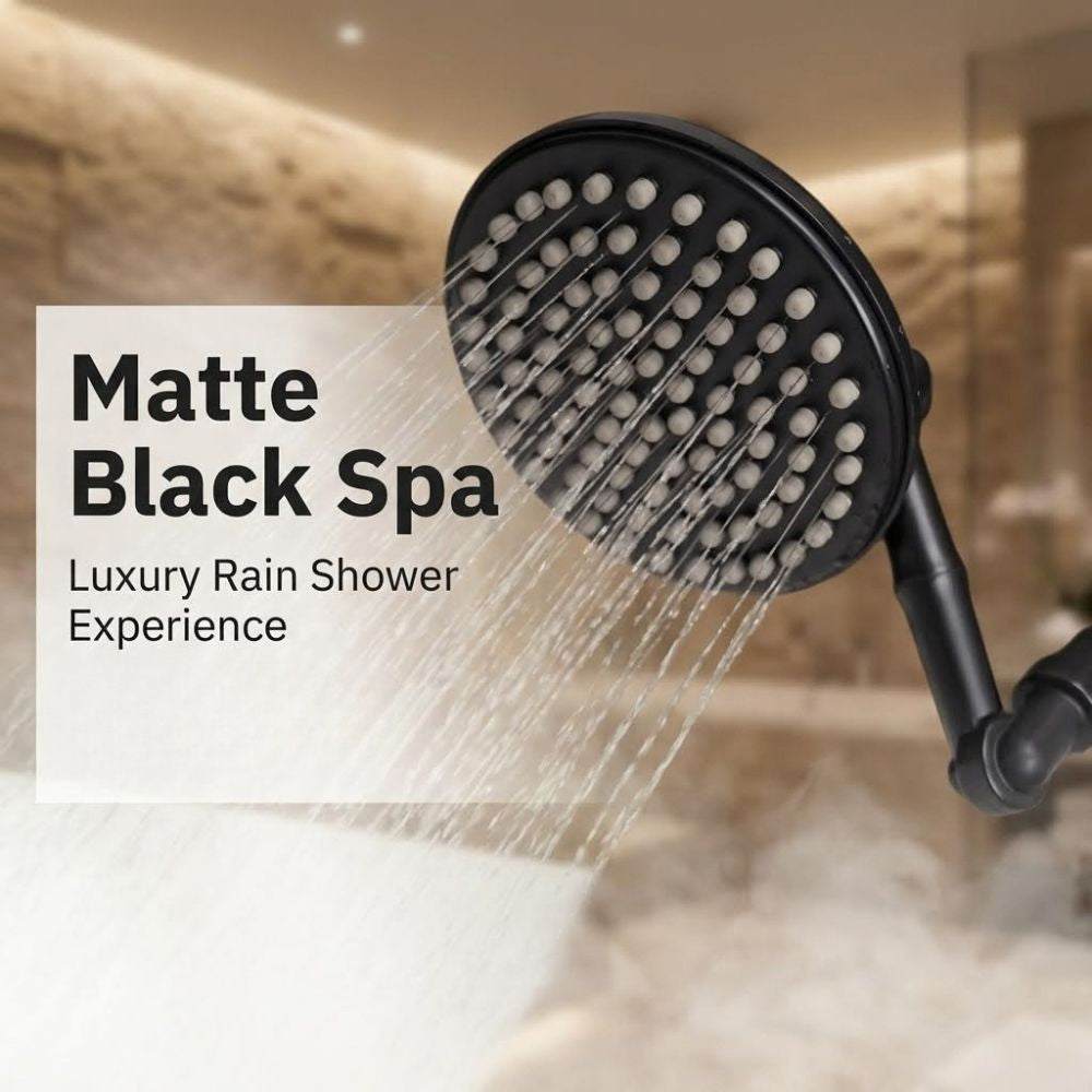Matte Black ShowerMe Shower Head with water running text saying "Luxury Rain Shower Experience".