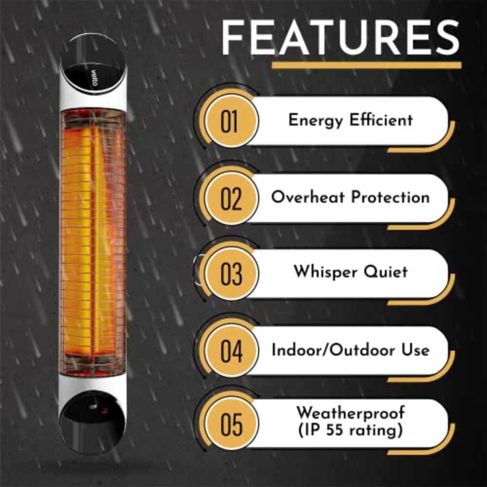 Image of a Veito Blade Infrared Heater with a list of features: energy efficient, overheat protection etc.