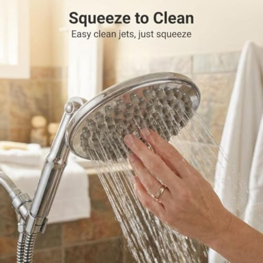 Image of person squeezing the ShowerMe Shower Head jets to clean them