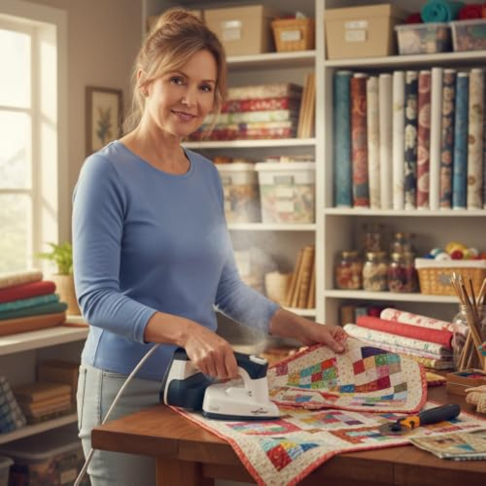 Woman using the Eurosteam Duet 2 in 1 as an iron on a quilt