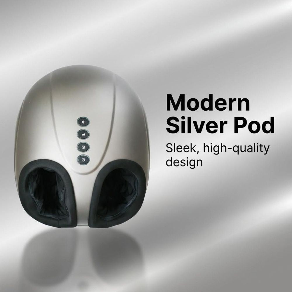 BACKplus Foot Massager with light grey background and text 'Modern Silver Pod'