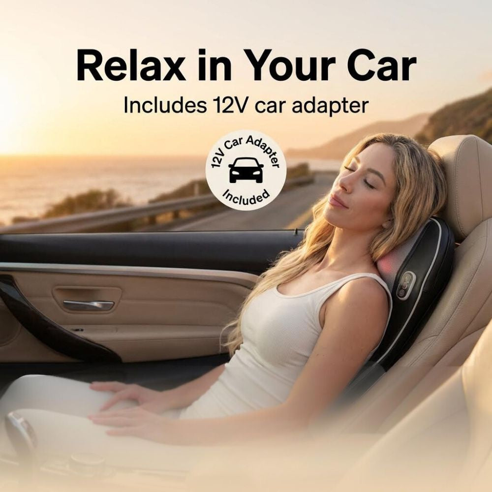 Woman sitting in a car using teh BACKplus Shiatsu Back and Foor MAssager with text 