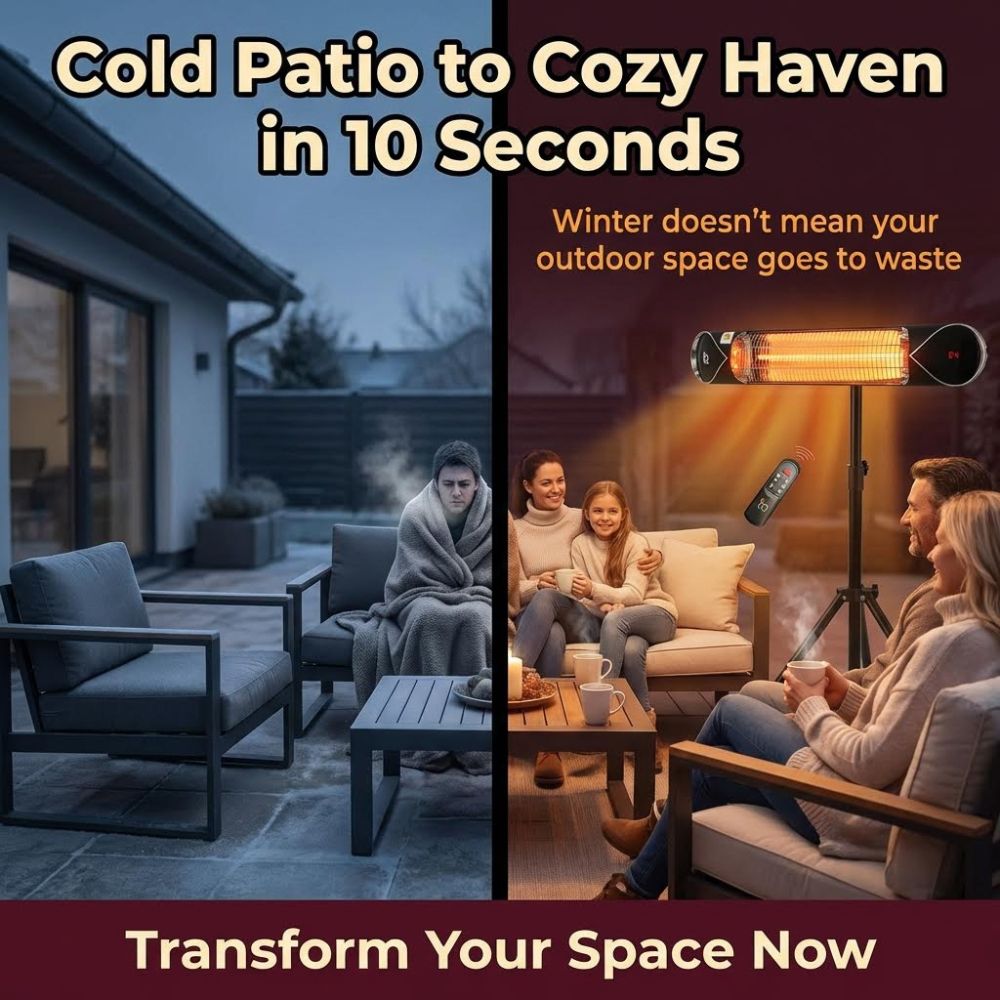Comparison image with cold patio on the left and warm patio on the ight with the use of the iQ Heat Wave