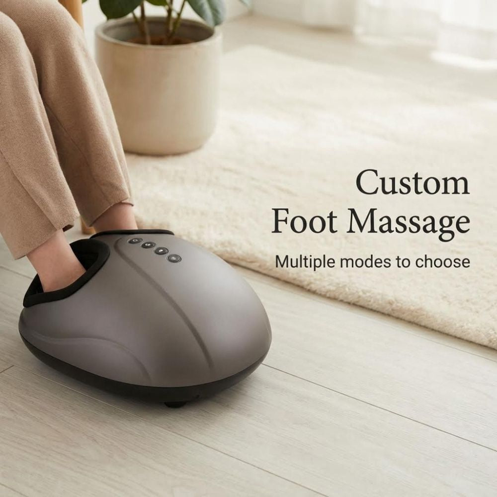 Woman using the BACKplus Foot Massager with text 'multiple modes to choose'