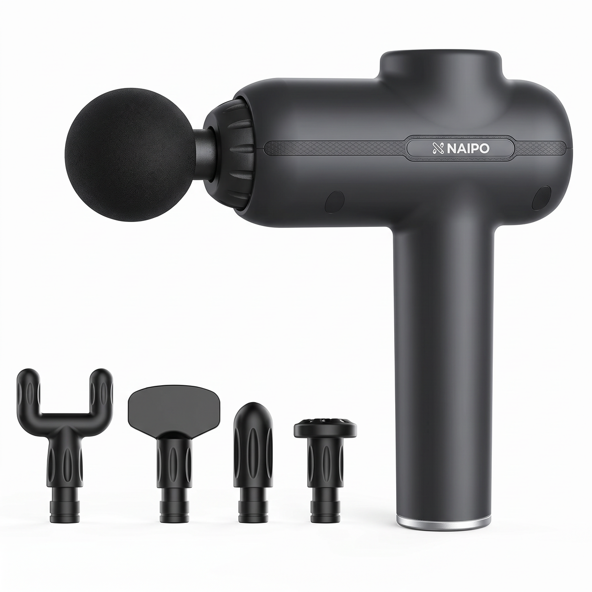 Naipo massage gun with fork, flat, bullet and flat round heads on white