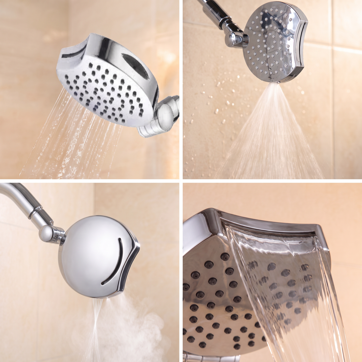 AquaJet Showerhead four sprays: saturating, slice dot massage, misty and waterfall