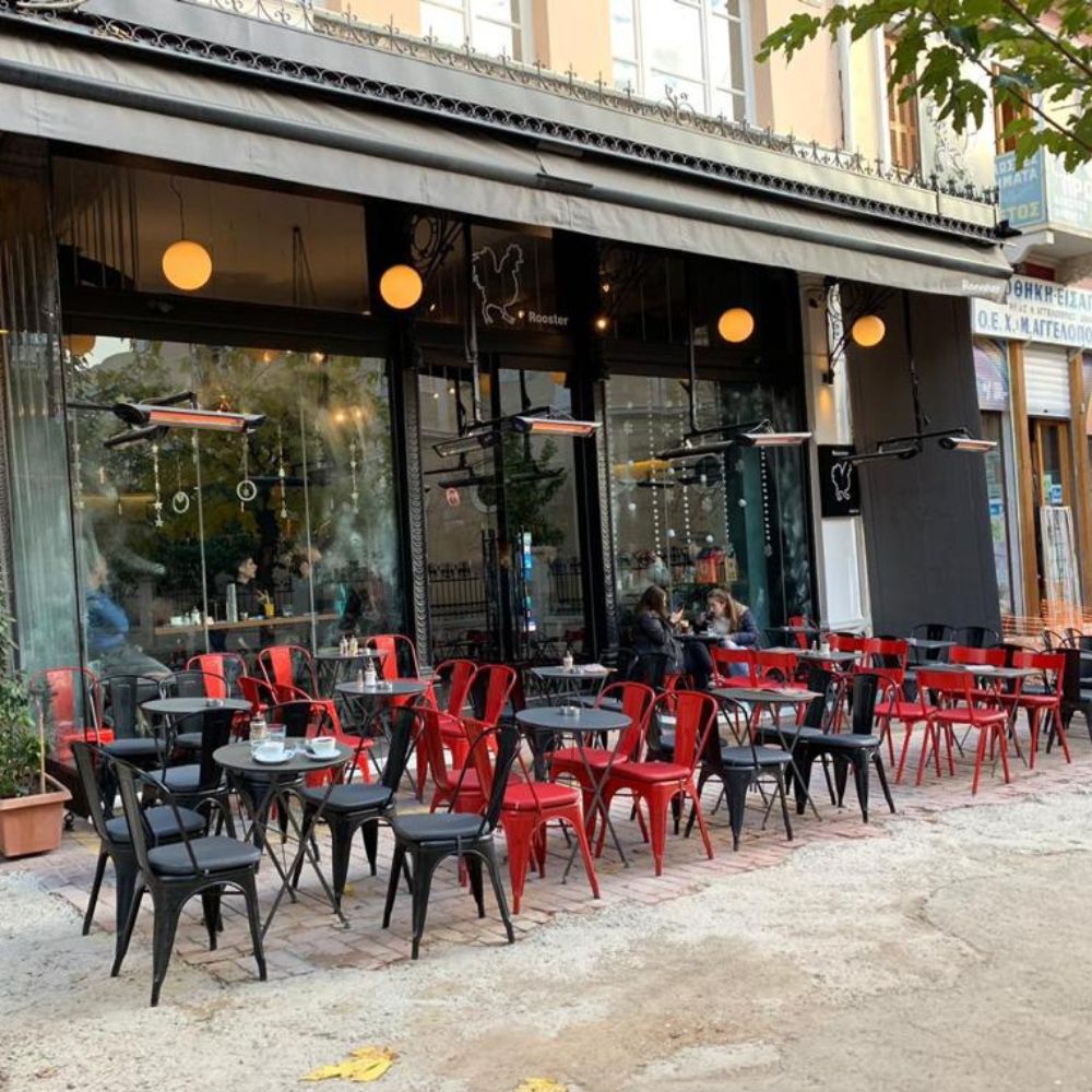 Image of Veito Heaters mounted on a wall of a coffee shop patio.