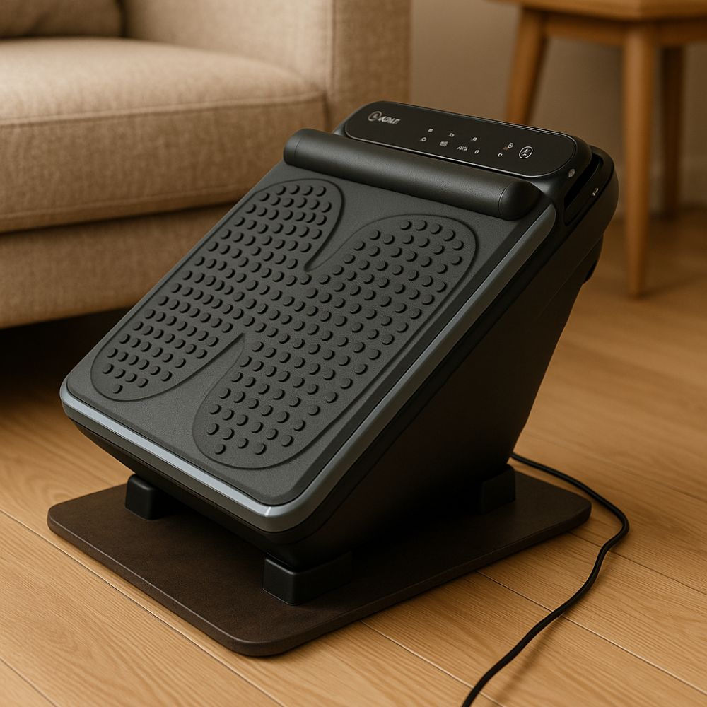 BACKplus Foot & Leg Massager on hardwood floor in front of a couch