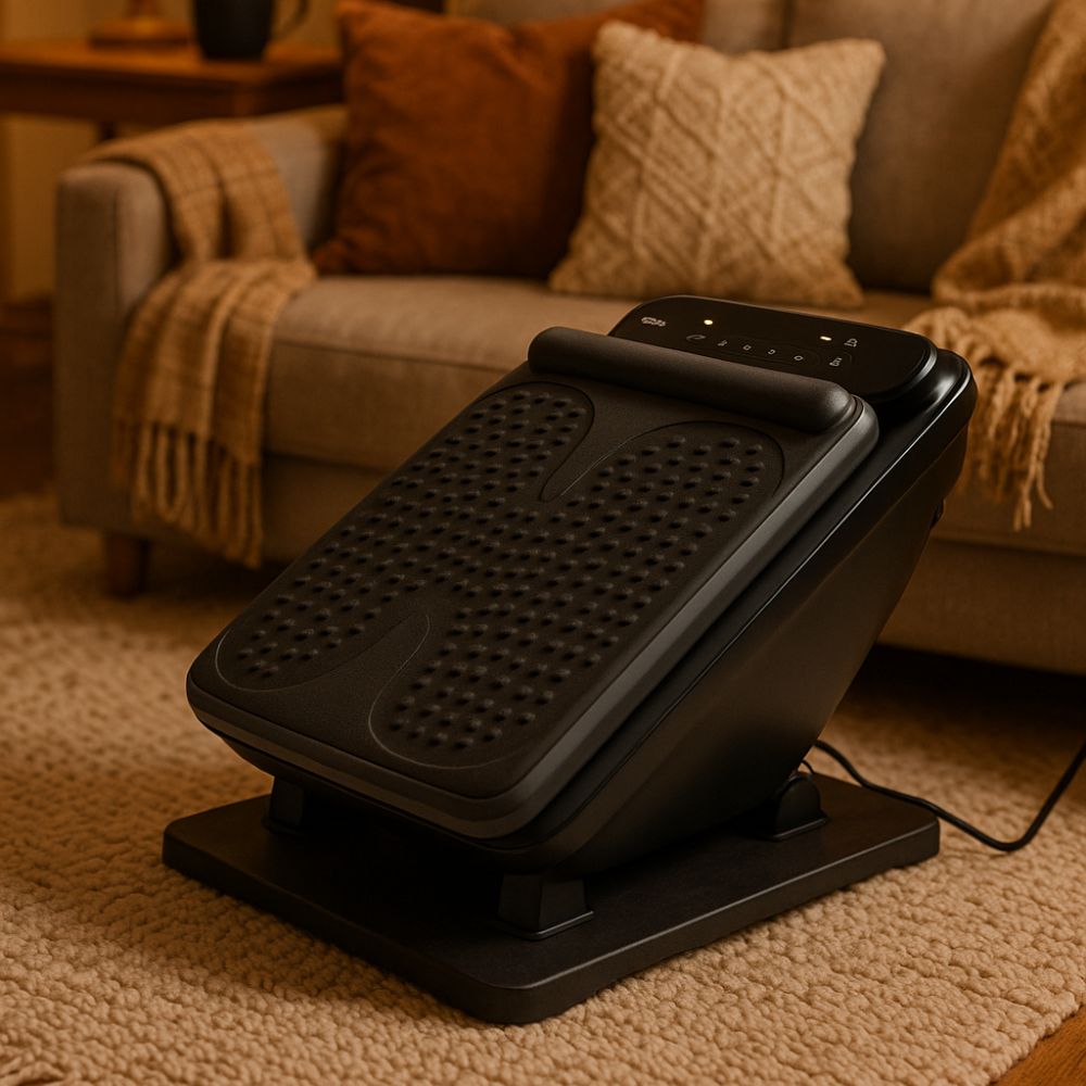 Close-up of the BACKplus Foot & Leg Massager in front of a couch