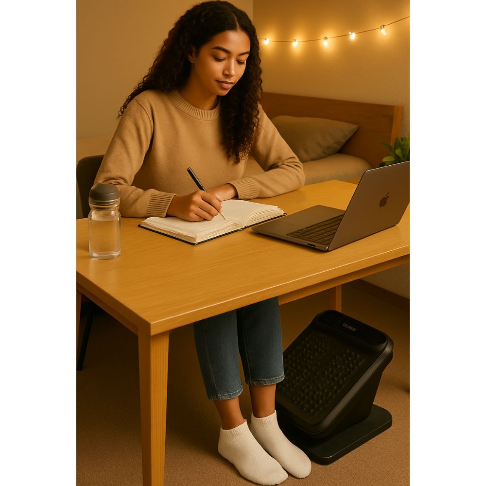 Woman studying while using the BACKplus Foot & Leg Massager