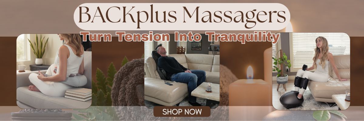 Banner with people using massagers in the house - Turn tension into tranquility with Backplus