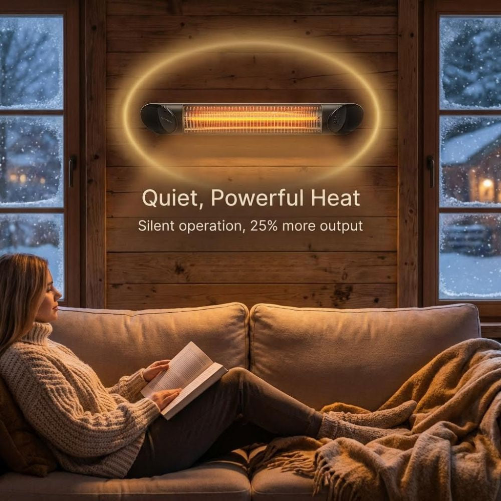 Veito Blade heater with text "Quiet Powerful Heat"
