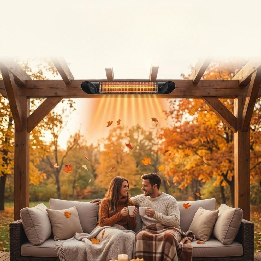 Veito Blade Heater mounted on a gazebo with a couple sitting under a blanket in the autumn
