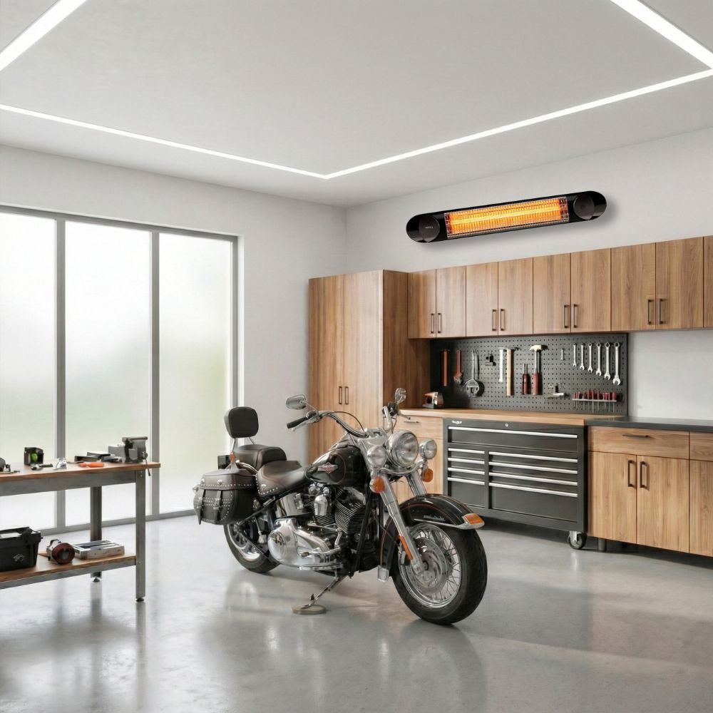 Veito Blade mounted in a a garage with a motorcycle in the foreground